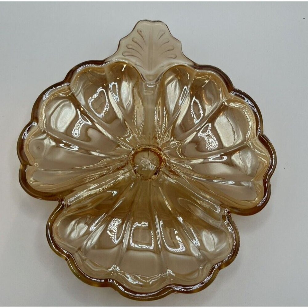 CARNIVAL Glass Marigold Clover Leaf Candy Nut Dish Iridescent Divided VINTAGE